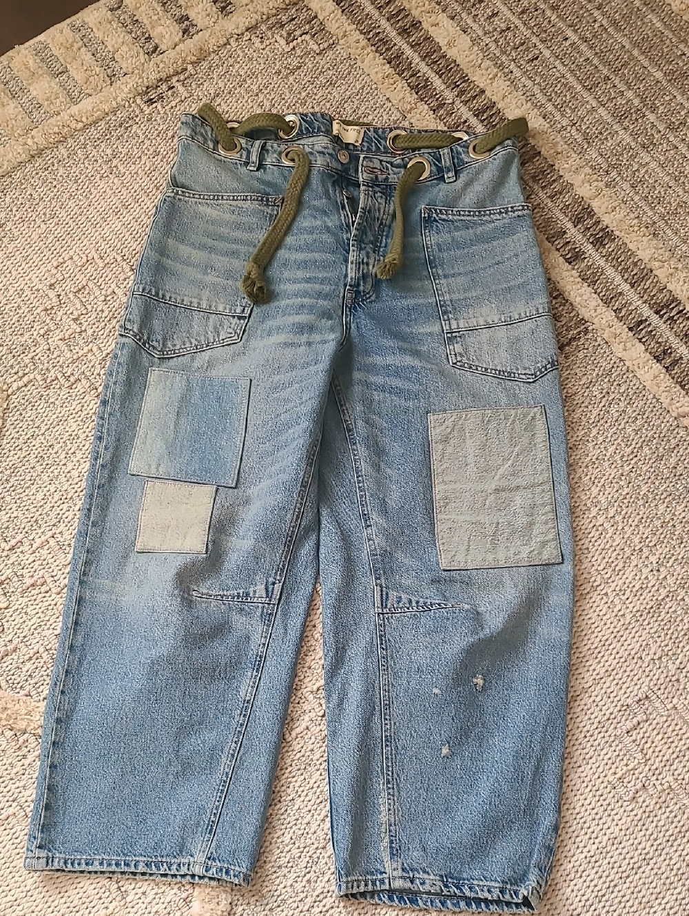 We The Free Light Blue Patchwork Cropped Jeans with Olive Drawcord